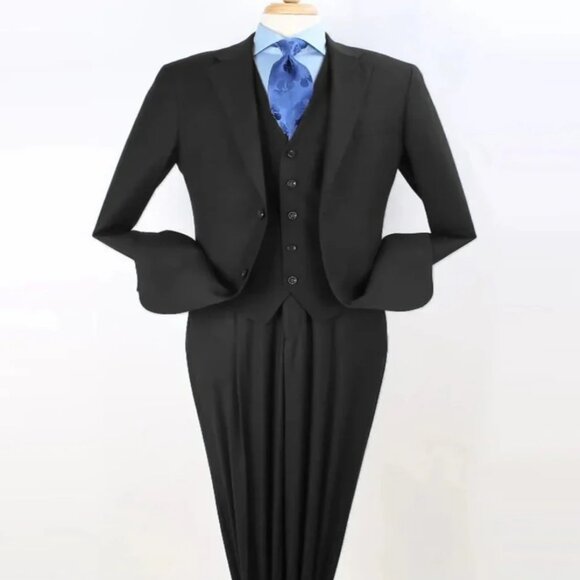 Pleated Suit - Mens Suits With Pleated Pant - Regular Fit Suit - Notch Lapel Bla - Picture 1 of 2